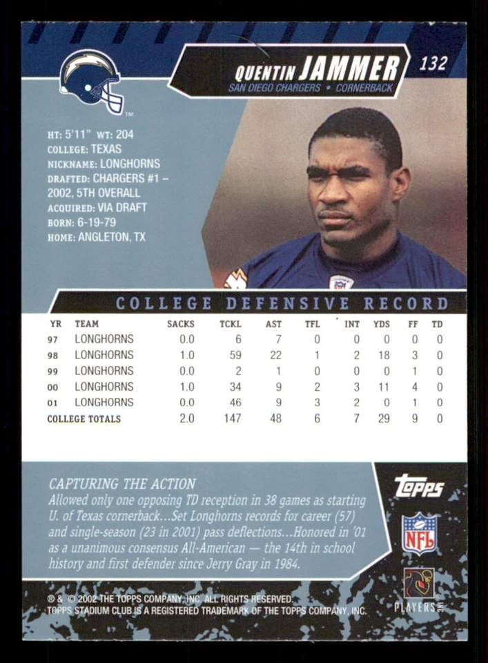 2002 Stadium Club #132 Quentin Jammer RC - Image 2 of 2