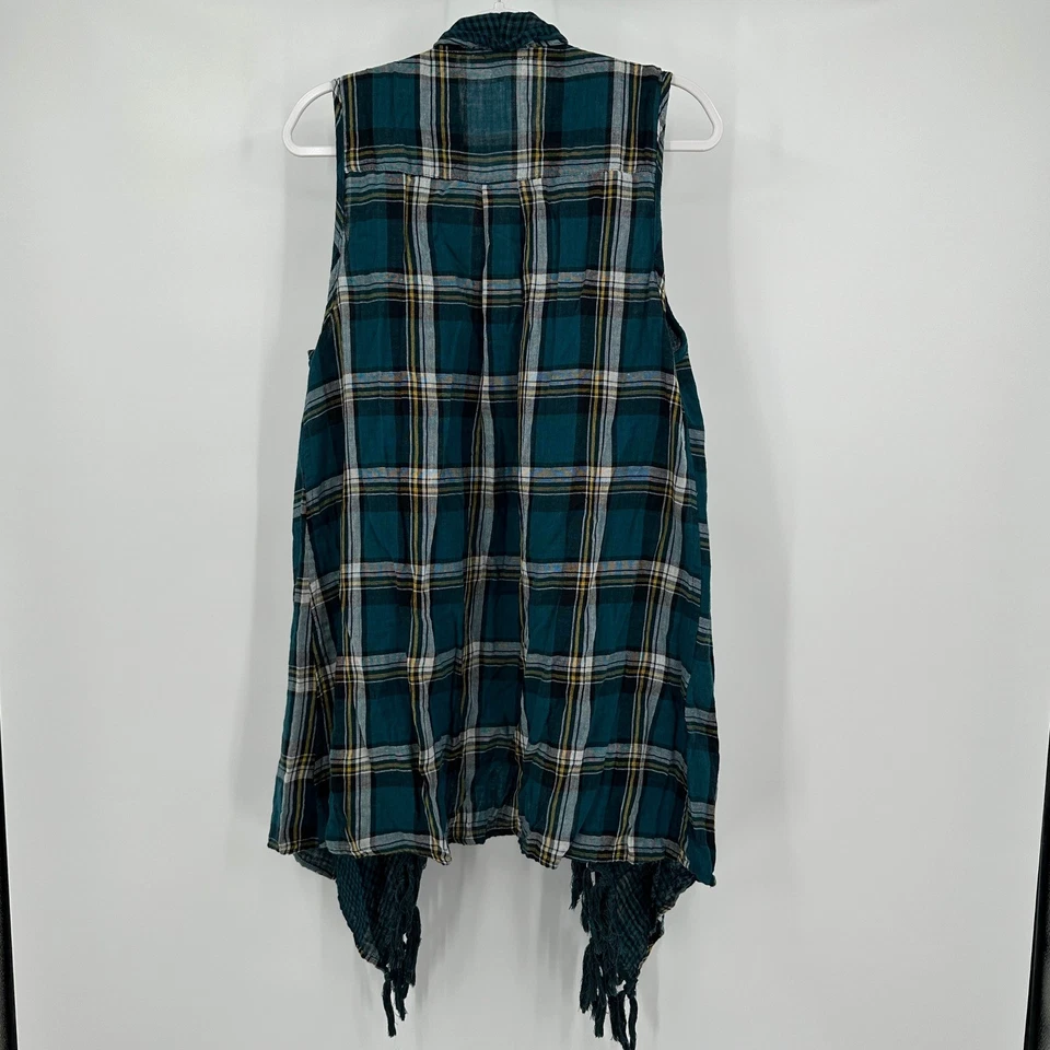 Umgee Womens Cottage Noir Plaid Vest 1XL Boho Layering Grunge Fringe Hem Topper - Image 2 of 4