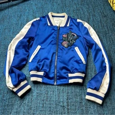 Maje Bacary Satin Bomber Jacket in Blue White Women's Size 36 or US Small