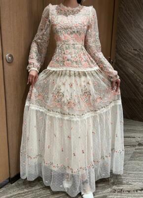 Women's Sweet Girl embroidery Long Sleeve mesh socialite Floral grace long  dress