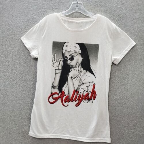 Aaliyah Junior Top White T-Shirt Logo Hip Hop R & B Artist Short Sleeve