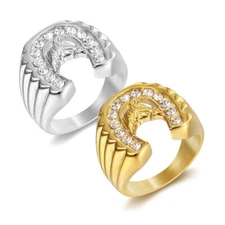 CZ Inlay Lucky Horseshoe Ring Stainless Steel Men's Retro Biker Horse Head Ring
