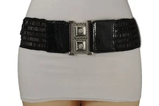 Women Black Elastic Beads Waistband Fashion Belt Hip Waist Silver Buckle S M L