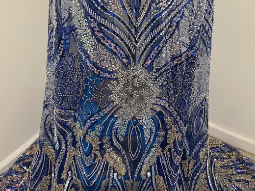 Royal Blue Beaded Iridescent Sequins Embroidery Lace Fabric 50” Width 1 YARD - Picture 4 of 10