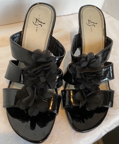 Life Stride Size 7 Black Patent Leather/Silk Flower Wedges - Picture 3 of 6