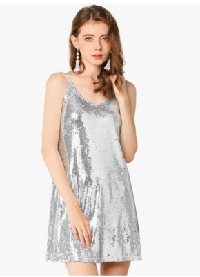 Allegra K Women's Scoop-Neck Sparkle Glitter Sequin Shift Dress