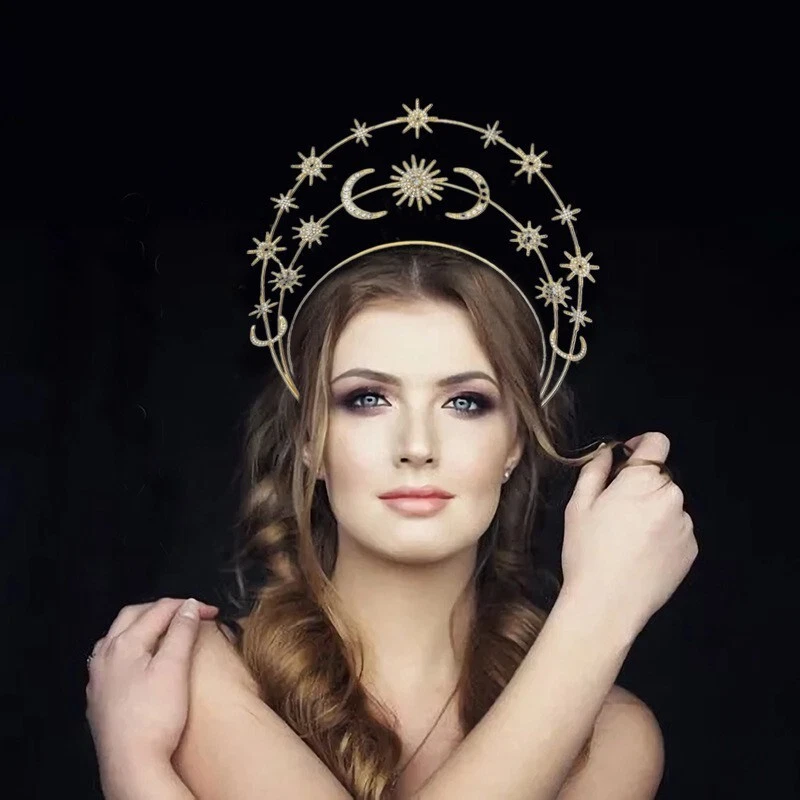 Sun Moon Stars Goddess Crown Halo Headband Cown Tiara, Boho Gold Halo Headpiece - Image 2 of 3