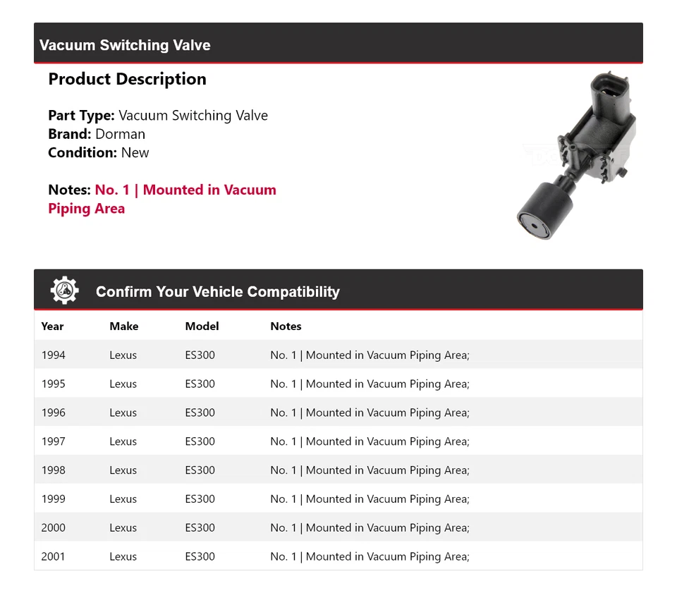 Válvula de conmutación de vacío para Lexus ES300 1994-2001 Dorman 1995 1996 1997 1998 1999 Foto 2 de 4