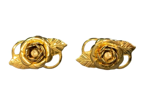 Clip-on Earrings Vintage Gold Rose Screw Back, antique costume fashion jewelry