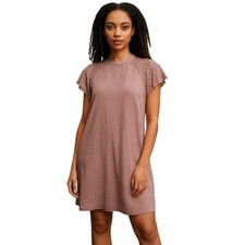 Listicle Shift Dress M Pink Crinkle Short Sleeve Eyelet Crochet Boho Cottagecore