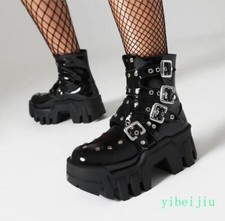 Women's Lady Buckles Shoes High Block Heel Studded Ankle Boots Shiny Leather New