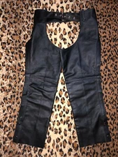 GENUINE BLACK LEATHER MEDIUM SMOOTH LEATHER MOTORCYCLE CHAPS WAIST 34''- 40''