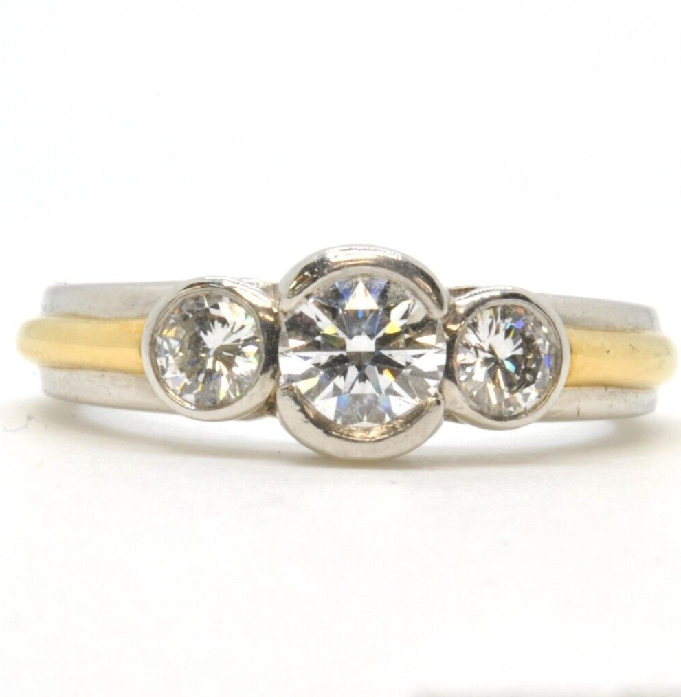 18k Yellow Gold Platinum Three Stone Half Bezel Set Diamond