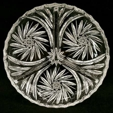 Vtg 6" Round Crystal 3 Part Relish Dish Pinwheel Star