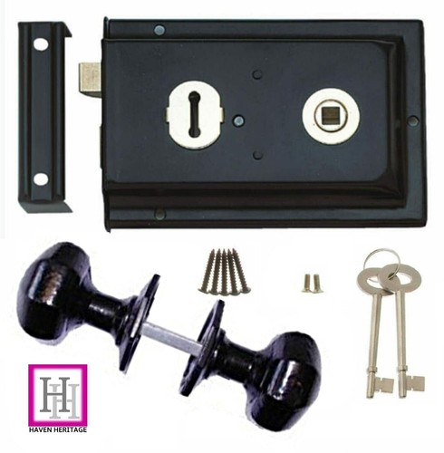 Rim Lock Set 6"x 4" Deadbolt -/+ Black, Brass, Chrome, Cast Iron, Handle / Knobs - Picture 20 of 20
