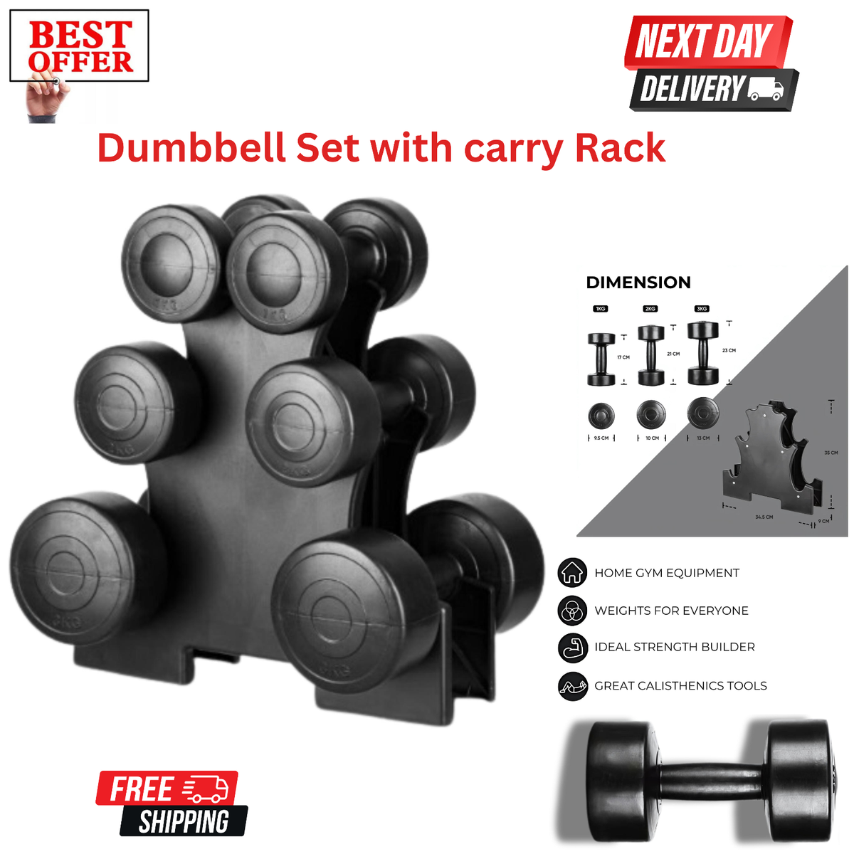 Dumbbell Set Carry Rack Hand Weights for Men Women 1kg, 2kg, 3kg - Main Image