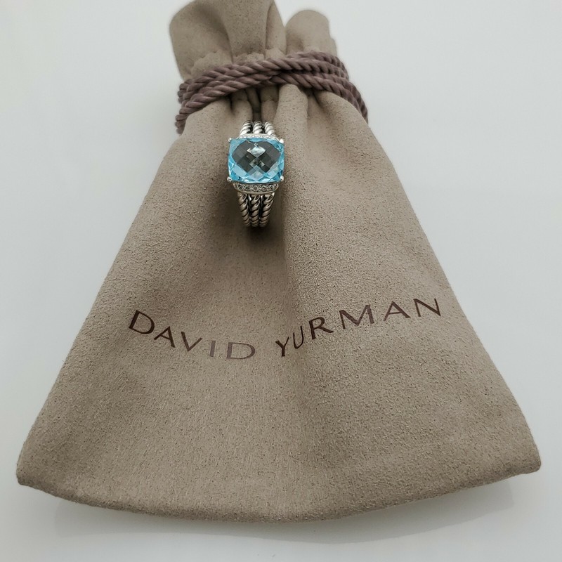 David Yurman Sterling Silver Petite Blue Topaz & Diamond Wheaton Ring Size 7