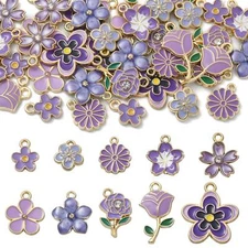 US 40x Purple Flower Charms Assorted Rose Floral Violet Charms for DIY Jewelry