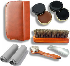shoe care kit horsehair brush,long-handled round brush,white black polish,poli