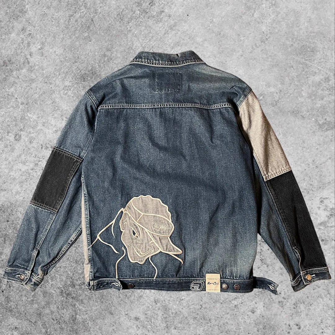 Esko Jeans NYC Denim Jacket Two-Tone Patchwork Embroidered Face Graphic Blue