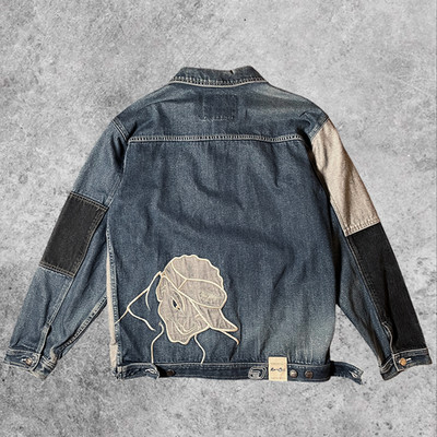 Esko Jeans NYC Denim Jacket Two-Tone Patchwork Embroidered Face Graphic Blue