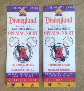 2 Disneyland California Angles 1991 Opening Night Commemorative Baseball Tickets