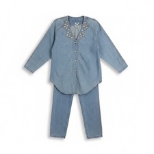 Bingo Bingo Vintage Denim 2 Piece Set Studded Tunic Pants Blue Sz 10