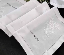 Last@Elegant White Peony Flower Embroidery Hemstitch Cotton Linen Table Runner E