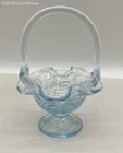 Fenton Strawberry Blue Art Glass Basket Ruffled Pedestal Vintage
