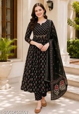 Women Black Floral Printed Anarkali Kurta Pant Dupatta Set Ethnic Wear S-XXL