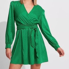 Express Green Satin Jacquard Faux Wrap Mini Dress Small Long Sleeve Party