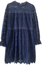 TAHARI ASL NEW Womens Blue Velvety Chenille Lace Trim Short Dress Long Sleeve 10