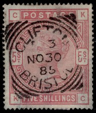 GB QV SG176, SCARCE 5s rose BLUED PAPER, USED. Cat £2500. CDS KC