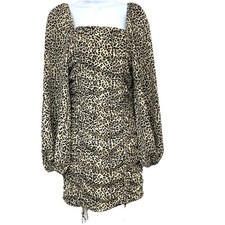 O Vianco Leopard Print Long Puff Sleeve Mini Dress Ruched Smocked Back Small