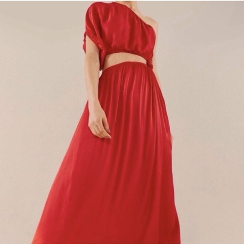 Farm Rio Women's Red Satin One-Shoulder Crop Top & Maxi dress