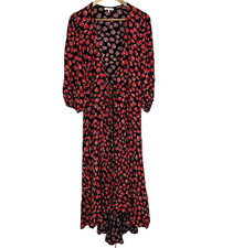 GANNI Black Floral Wrap Midi Dress V-Neck Long Puff Sleeve Tie Waist 36