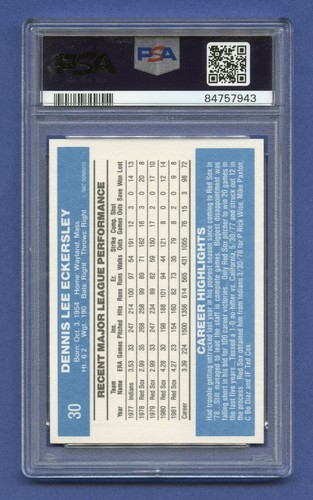 1982 DENNIS ECKERSLEY PSA 10 GEM-MT DONRUSS HOF BOSTON RED SOX SHARP (#30) RZC - Picture 2 of 3