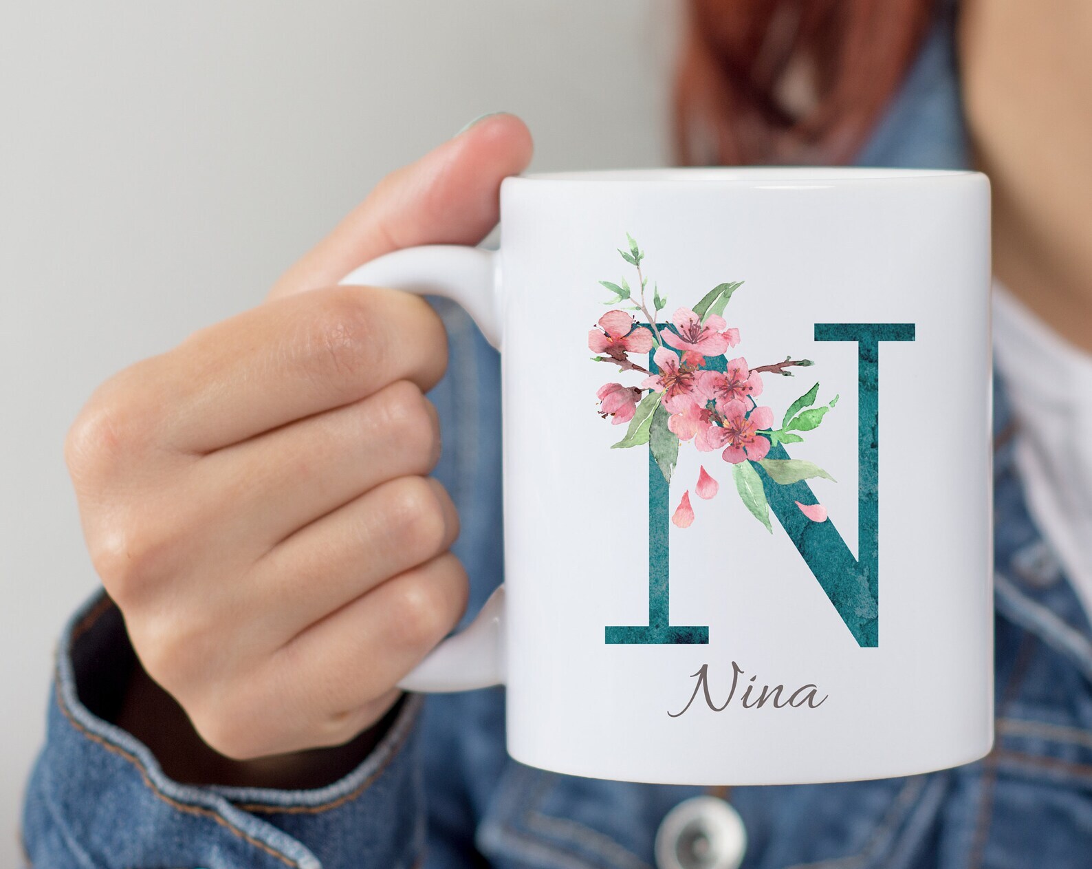 Personalized Monogram Initial Name Mug Floral Alphabet Cup Birthday Gift