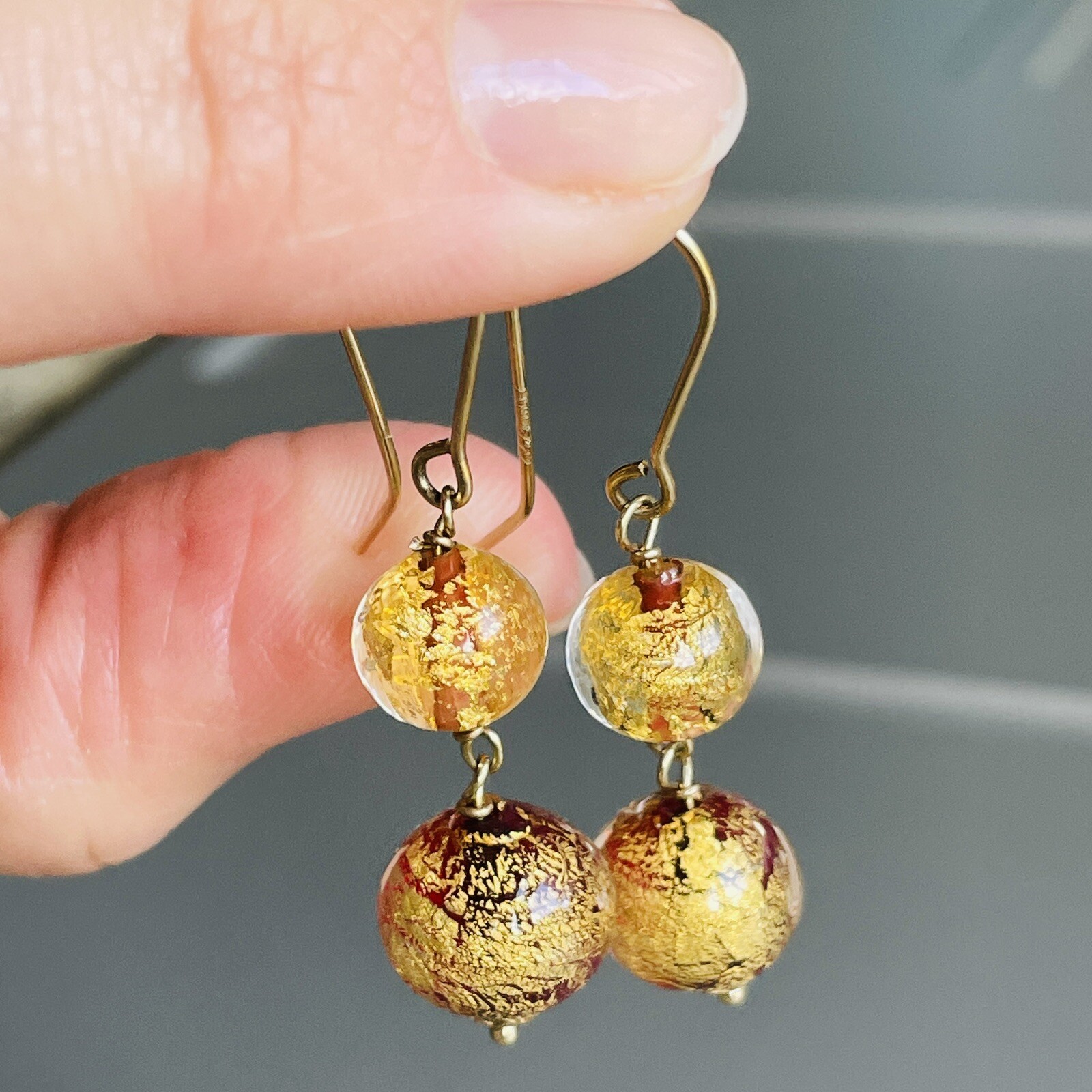 14k Gold Estate Murano Glass Dangle Drop Earrings MA … Gem