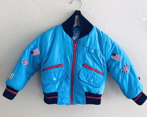 Vintage Westside World Flags Bomber Full Zip Puffer Jacket Boys Size 4 Blue - Picture 2 of 8