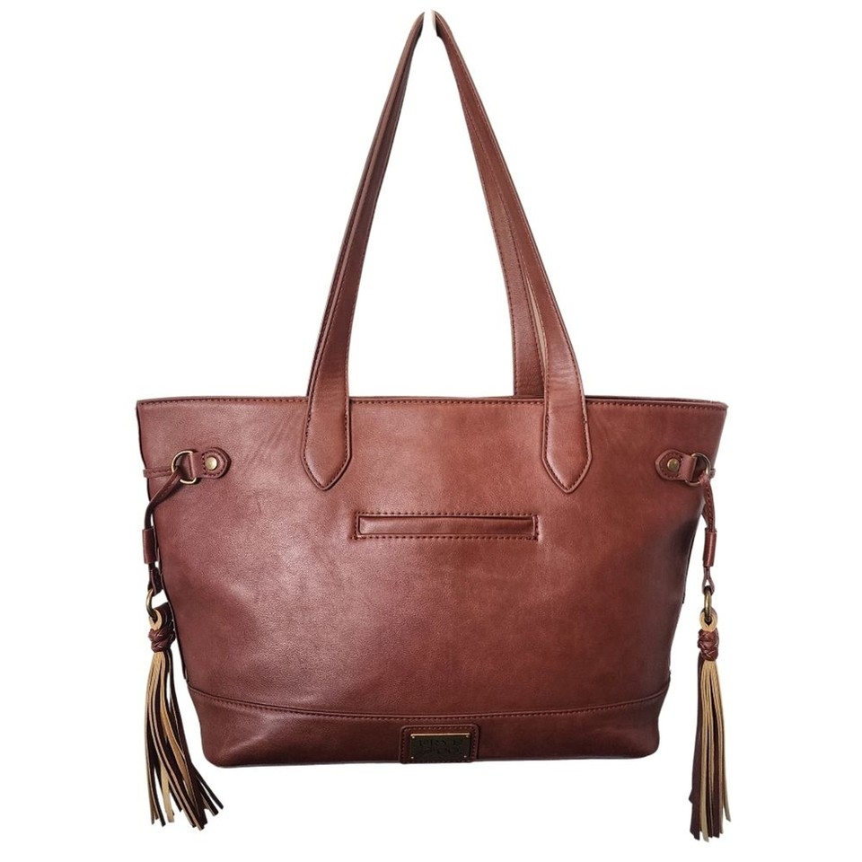 Frye & Co Congac Brown Faux Leather Large Tote Bag Side Tassels Western