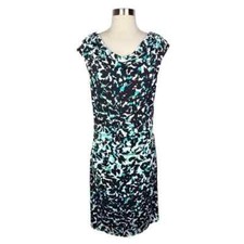 Larry Levine Sheath Dress, Black Aqua Blue Print, Stretch, Work Career Sz M