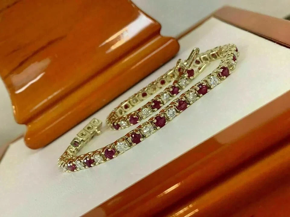 13 CT Round Cut Lab-Created Diamond & Ruby Tennis Bracelet 14K Yellow Gold Over - Image 2 of 4
