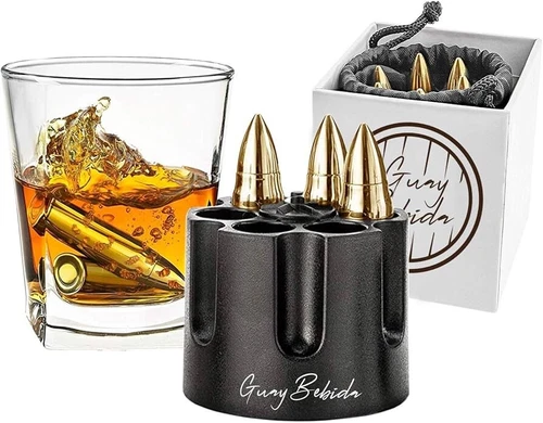 Bullet Whiskey Stones - Gift Set - Stainless Steel - Rocks Rifle Set of 6 - Gold