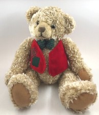 Vintage Hallmark Christmas Bear Plush, 1995, Red Vest Green Plaid Bowtie