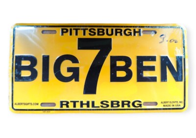 Vintage Big Ben 7 Metal License Plate NFL Black Gold Novelty Vanity Made In USA 