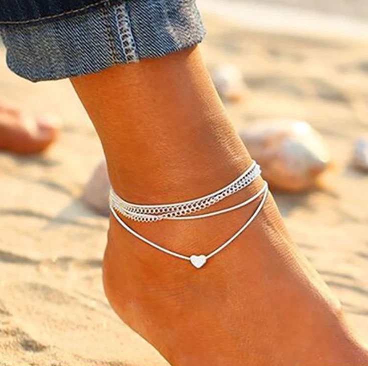 Silver Heart Bracelet Multi Layer Womens Anklet Adjustable Chain Beach | eBay