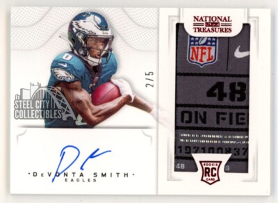 DeVonta Smith 2021 Panini National Treasures Autograph Rookie Tag Patch Card 2/5