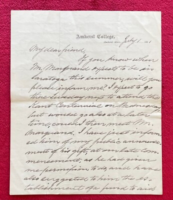 1881 LETTER - JULIUS H. SEELYE - AMHURST COLLEGE PRESIDENT - AUTHOR & POLITICIAN