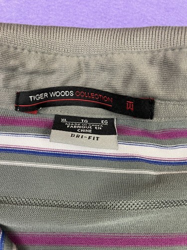 Tiger Woods Collection Nike Dri Fit Golf Polo PGA Striped Gray Purple Mens XL - 第 3/9 張圖片